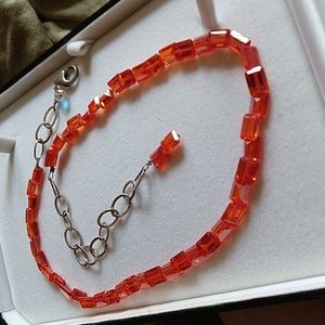 Orange rhinestone or crystal or glass necklace 925 accents clasp sterling silver